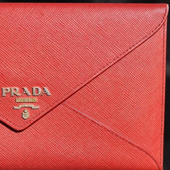 Prada Saffiano Envelope Pouch Clutch Corallo Papaya Red Document Holder - Picture 9 of 10